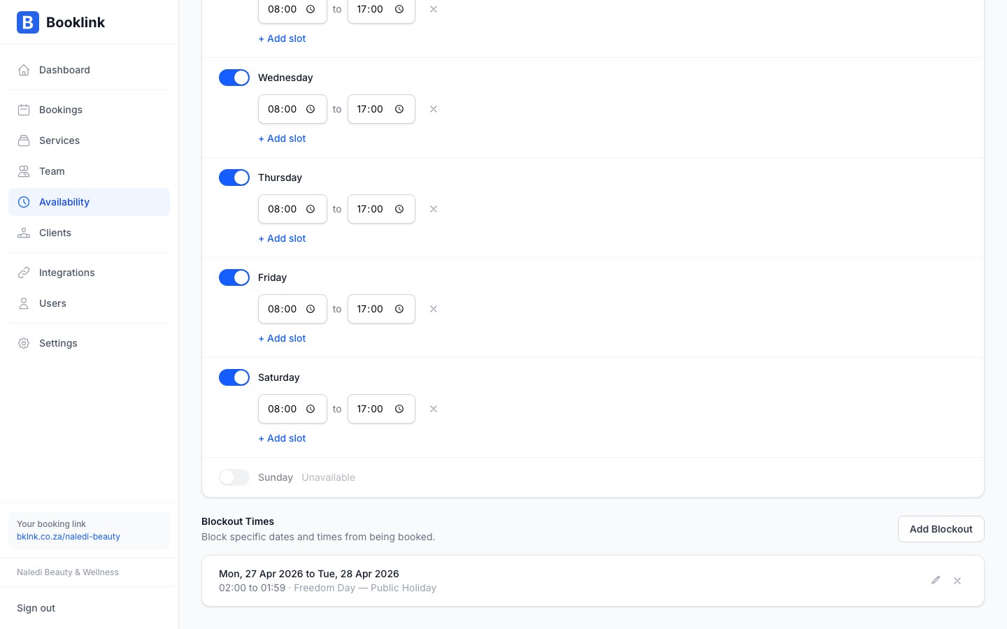 The blockouts section showing a list of upcoming blockout dates with names and date ranges