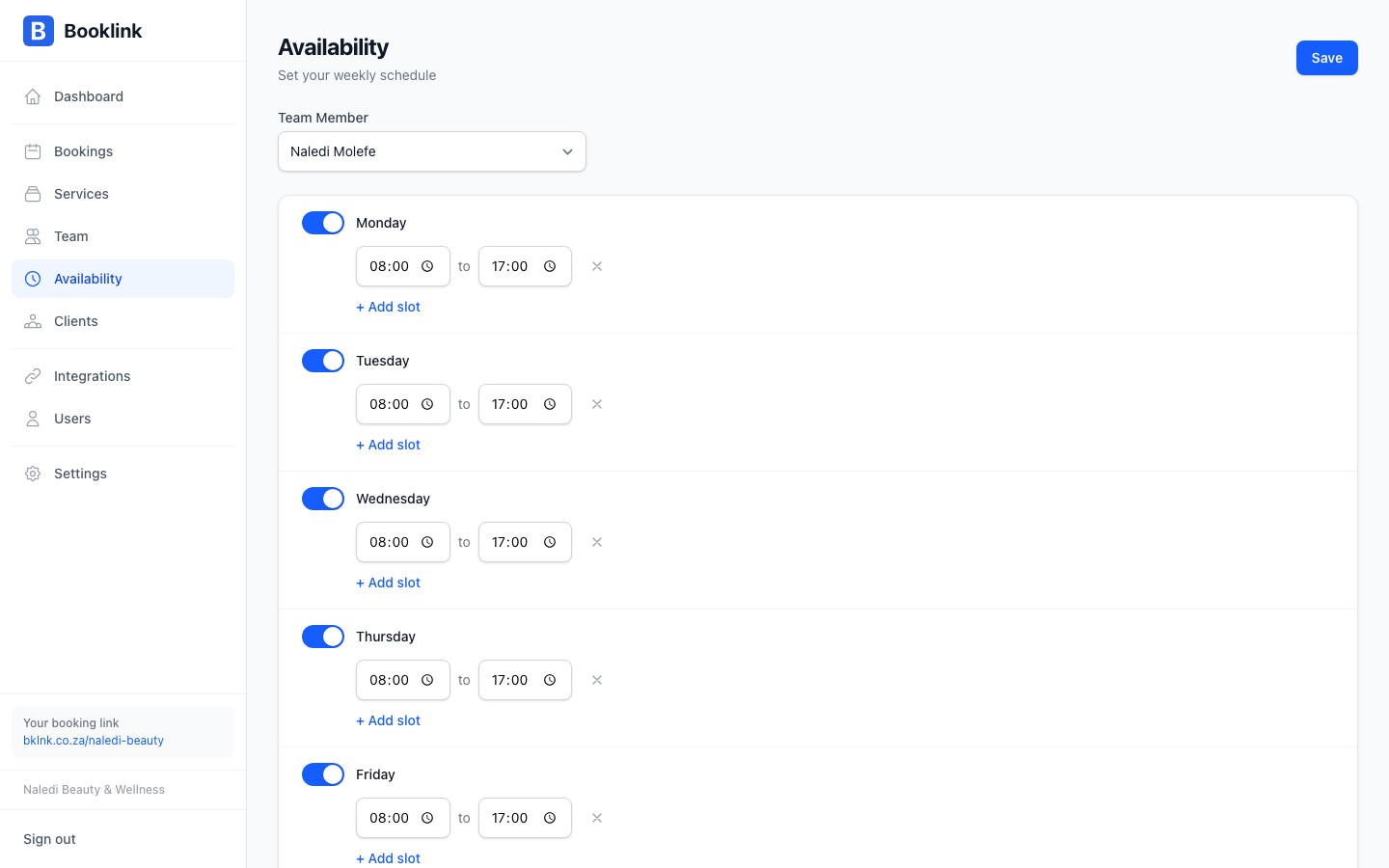 The weekly availability schedule editor showing days of the week with time slot ranges
