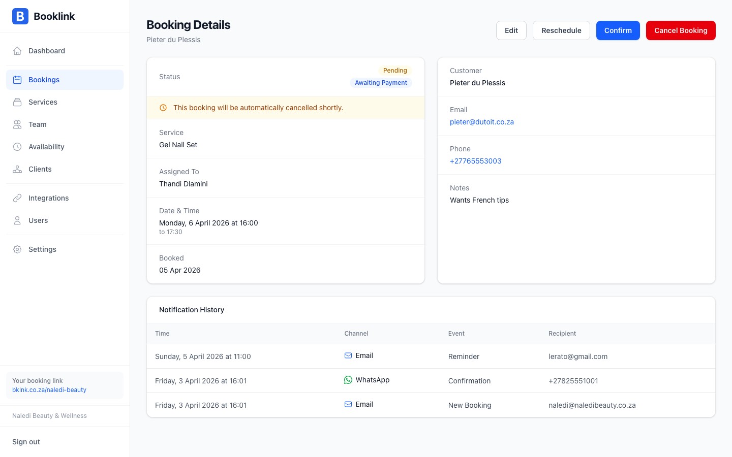 Booking detail panel showing a pending booking