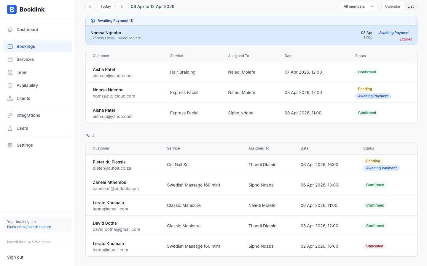 List view showing past bookings with muted styling