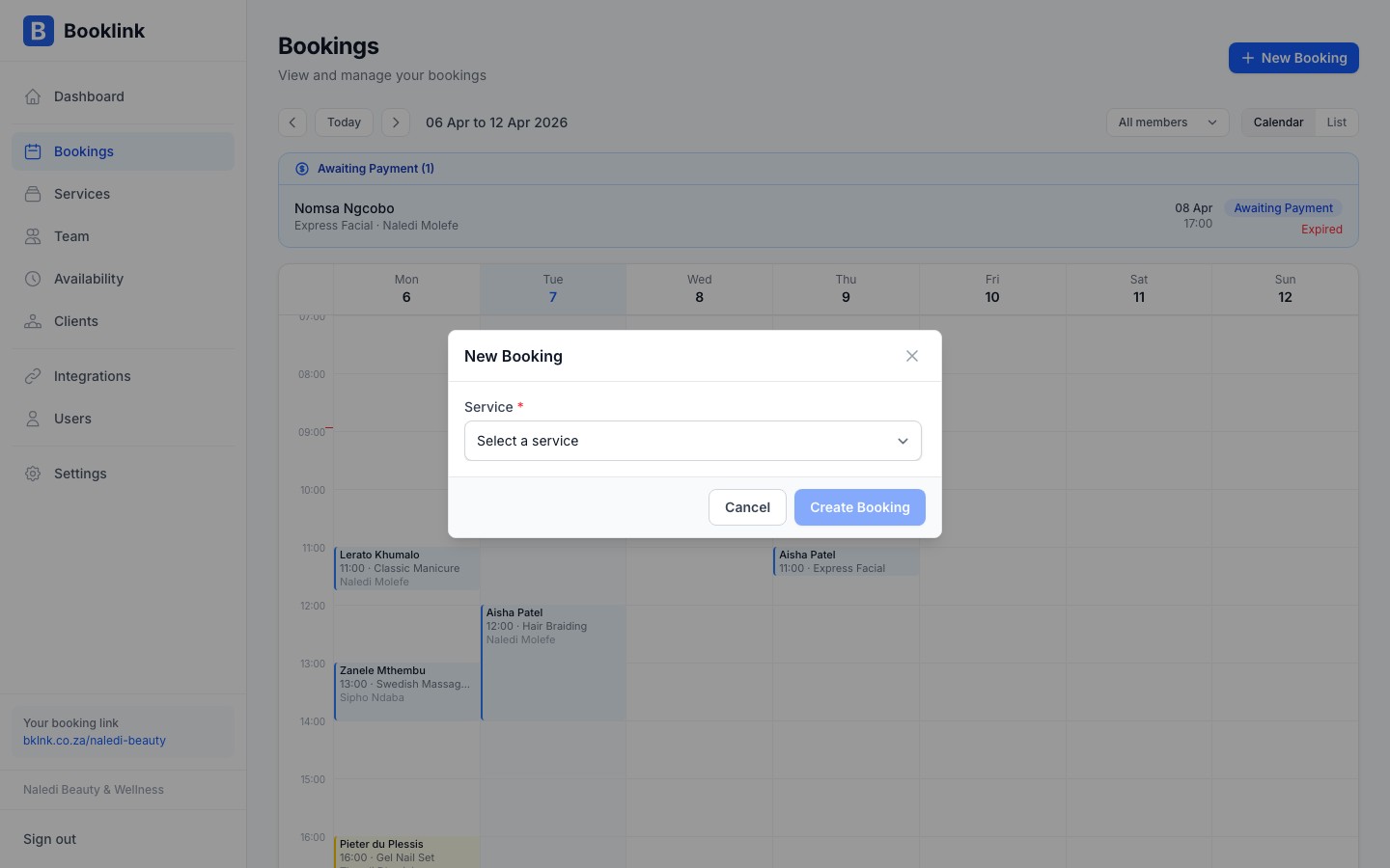 New Booking modal showing the first step: select a service