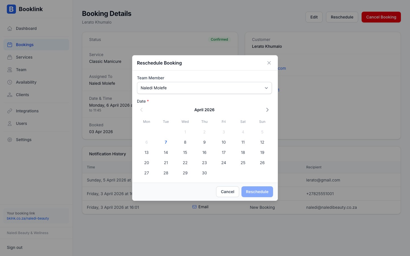 bookings reschedule modal