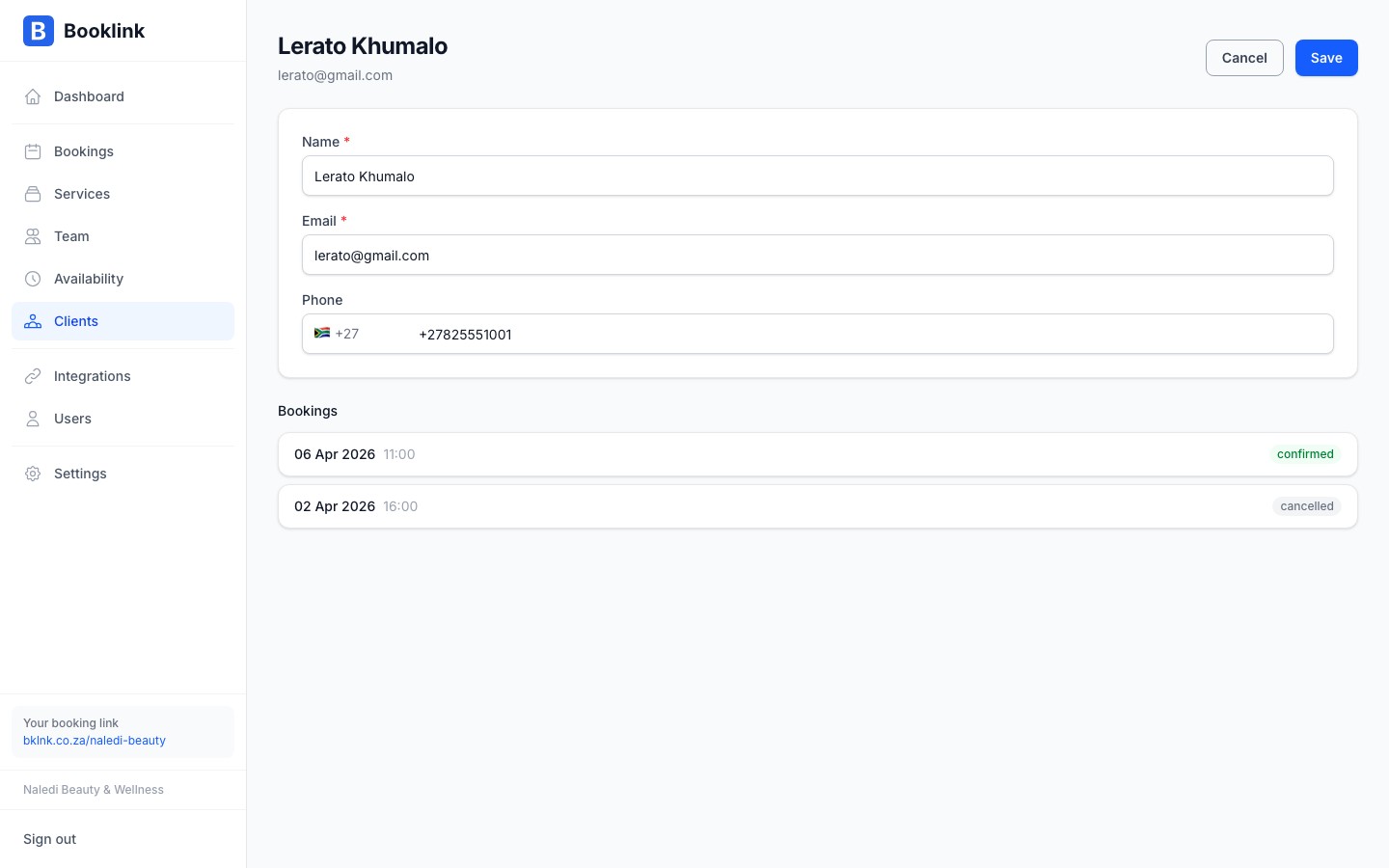 Client detail page in edit mode with editable fields