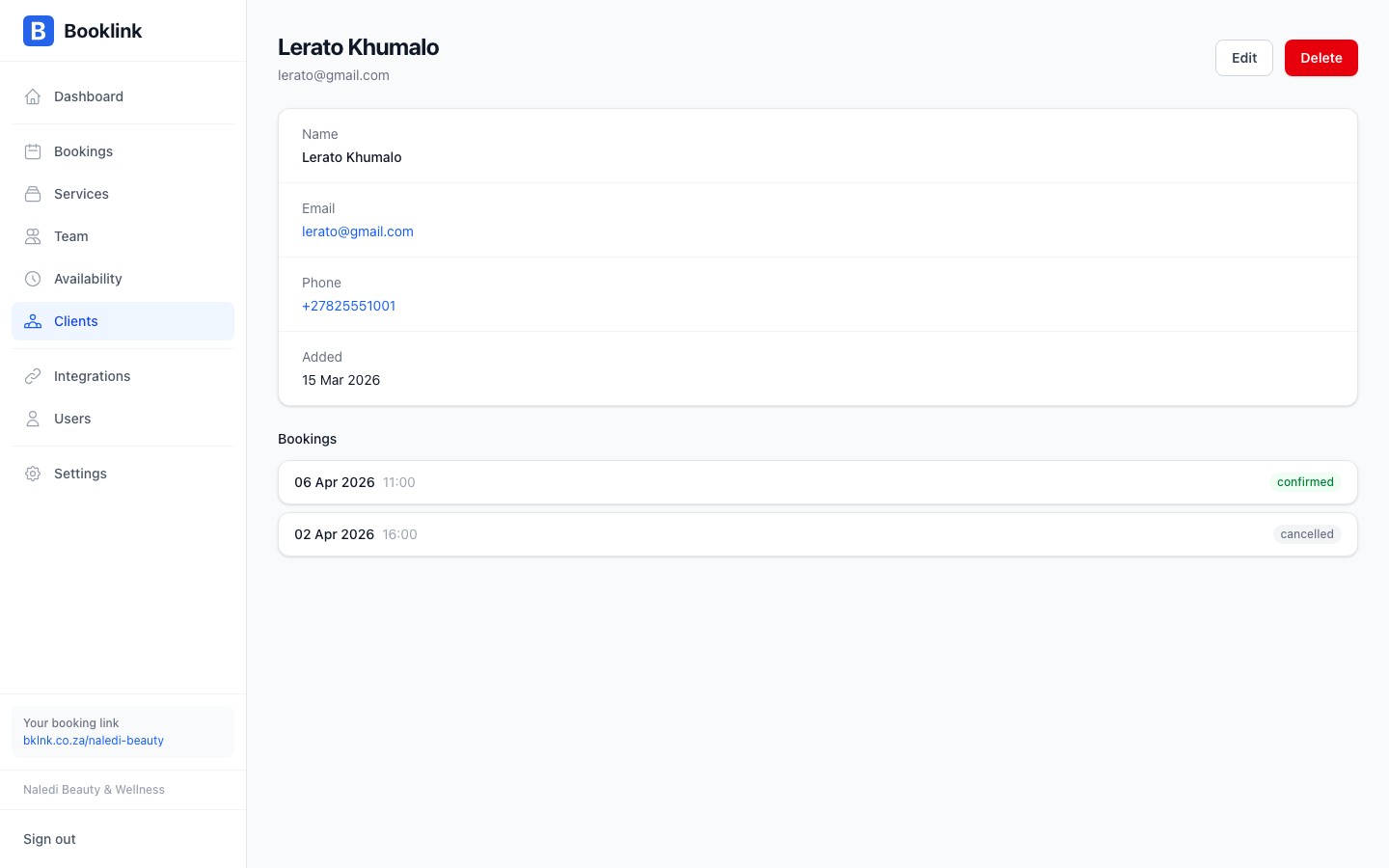 Client detail page showing contact information and edit controls