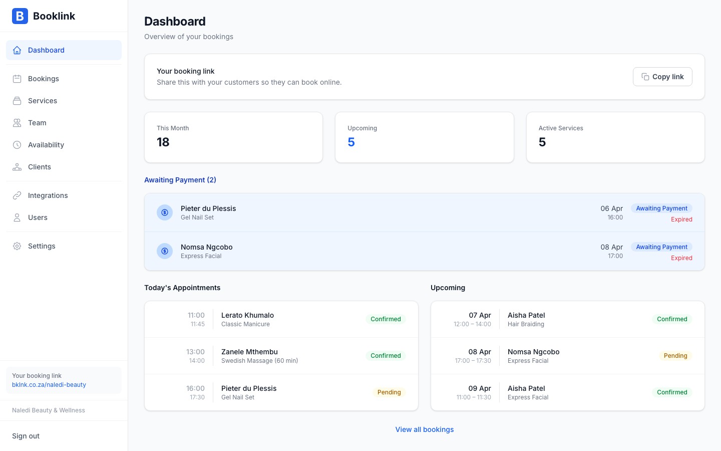 The booking link section showing the shareable URL and copy button