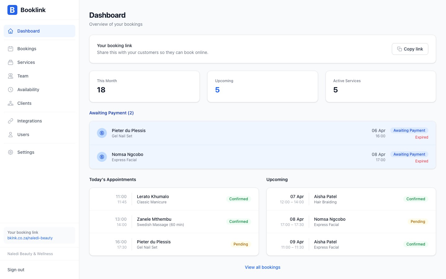 Booklink dashboard overview showing stats and upcoming bookings