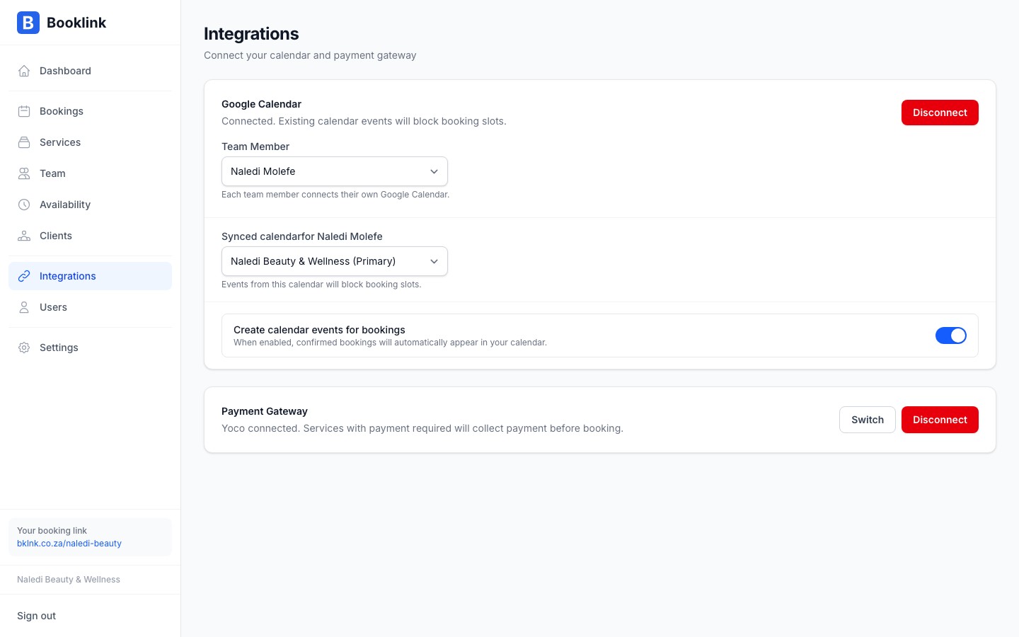 Calendar selector dropdown showing available Google calendars