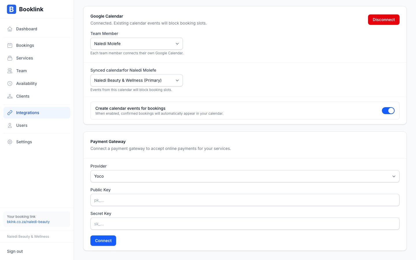 Payment gateway setup form for entering API credentials