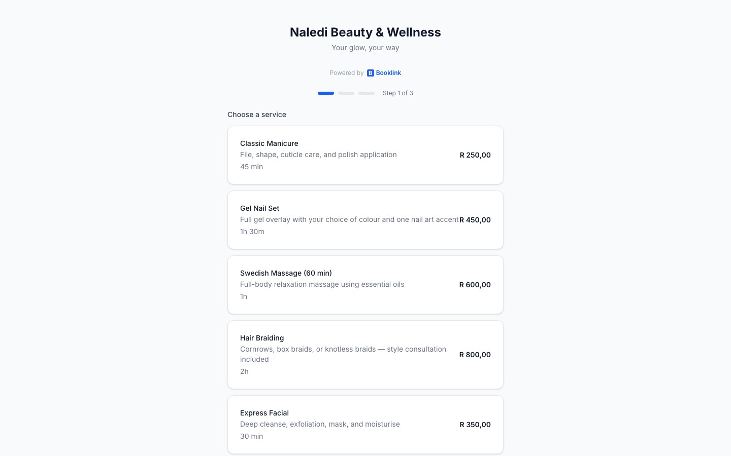 Public booking page showing the branded header with logo, business name, and tagline