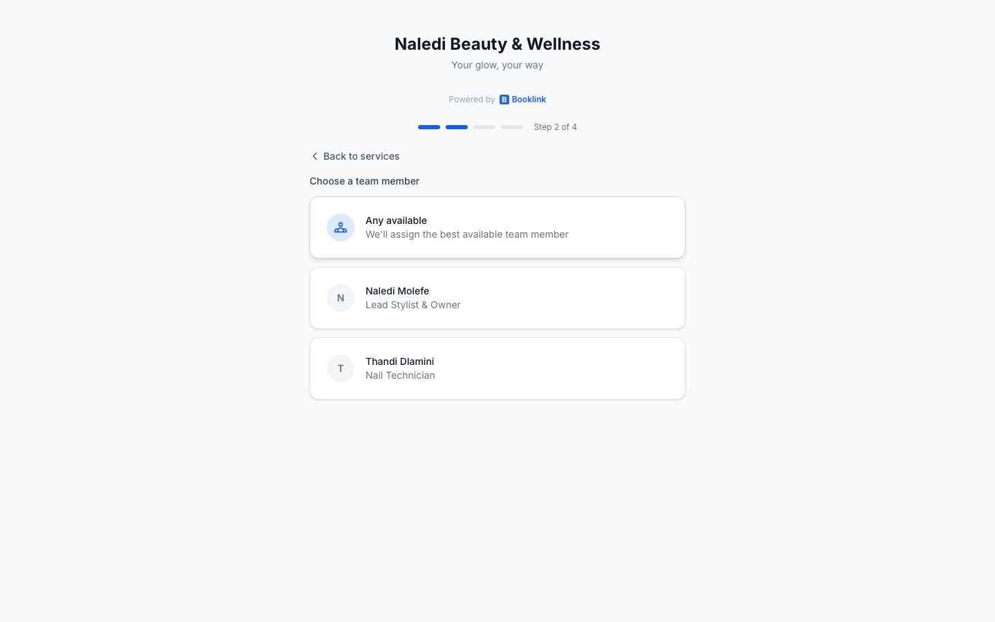 Team member selection step with staff photos and names