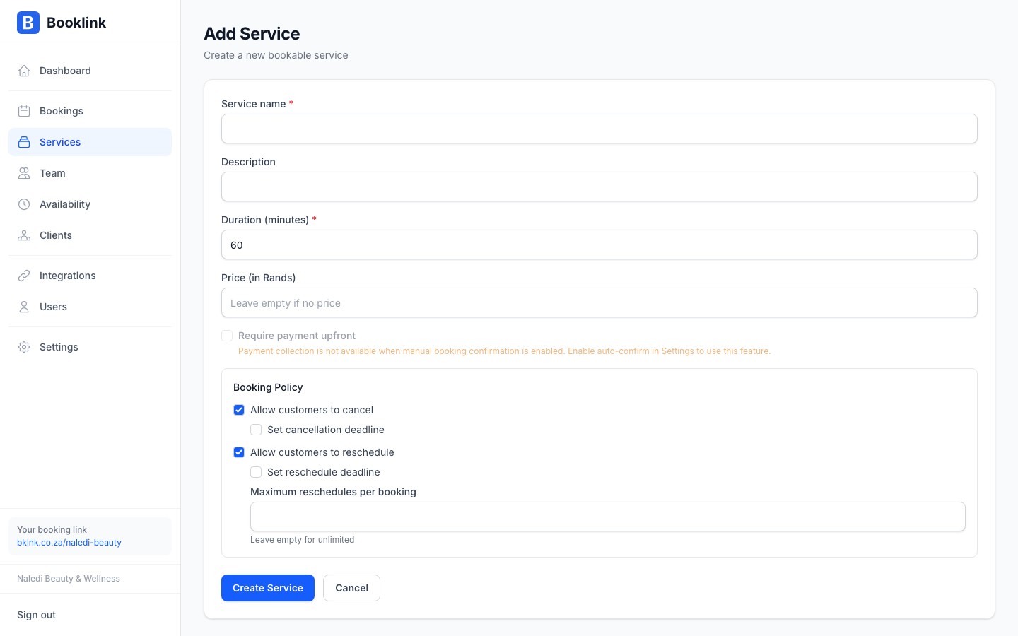 services add form empty