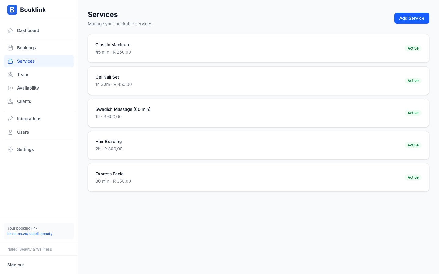 The services list showing multiple services with their price, duration, and active status