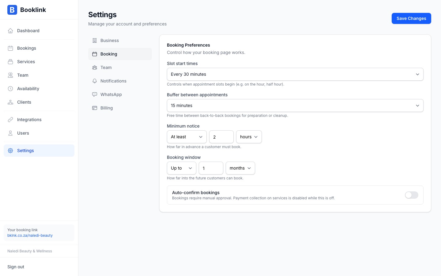 Booking preferences settings page showing interval and notice fields