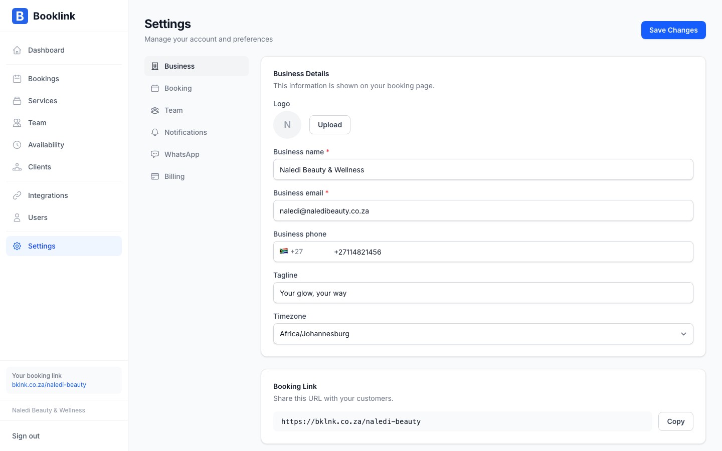 Business information settings page with all editable fields
