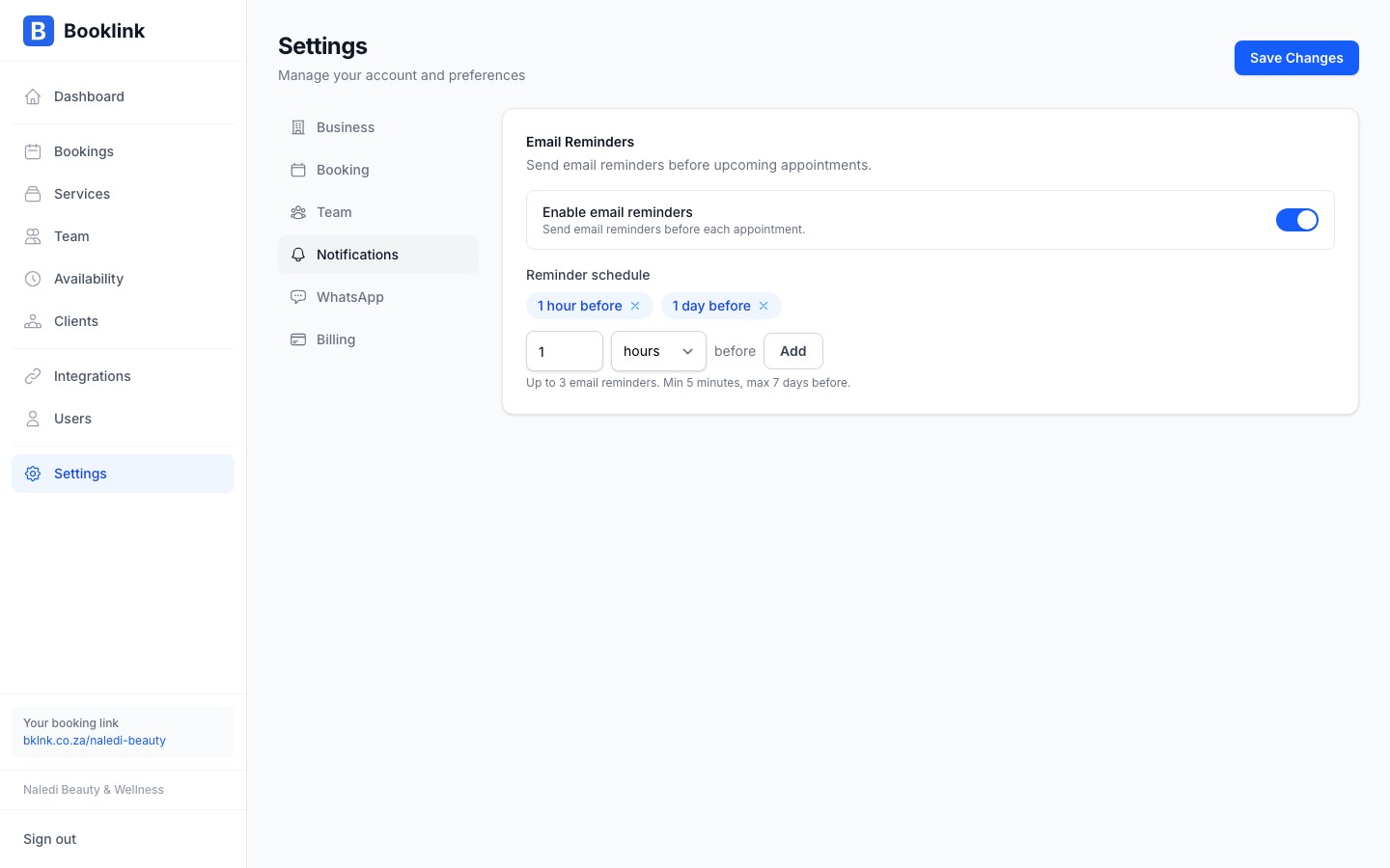 WhatsApp notifications settings showing toggles for each notification type