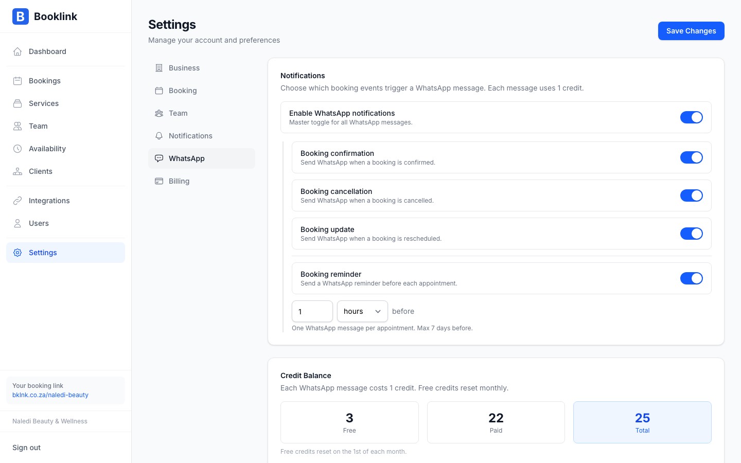 WhatsApp credits page showing current balance and usage history