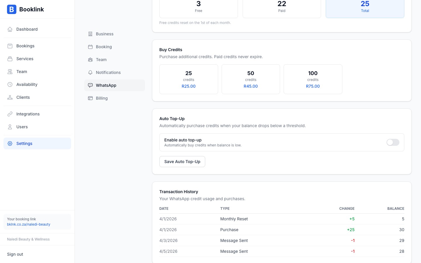 WhatsApp credit transaction history log