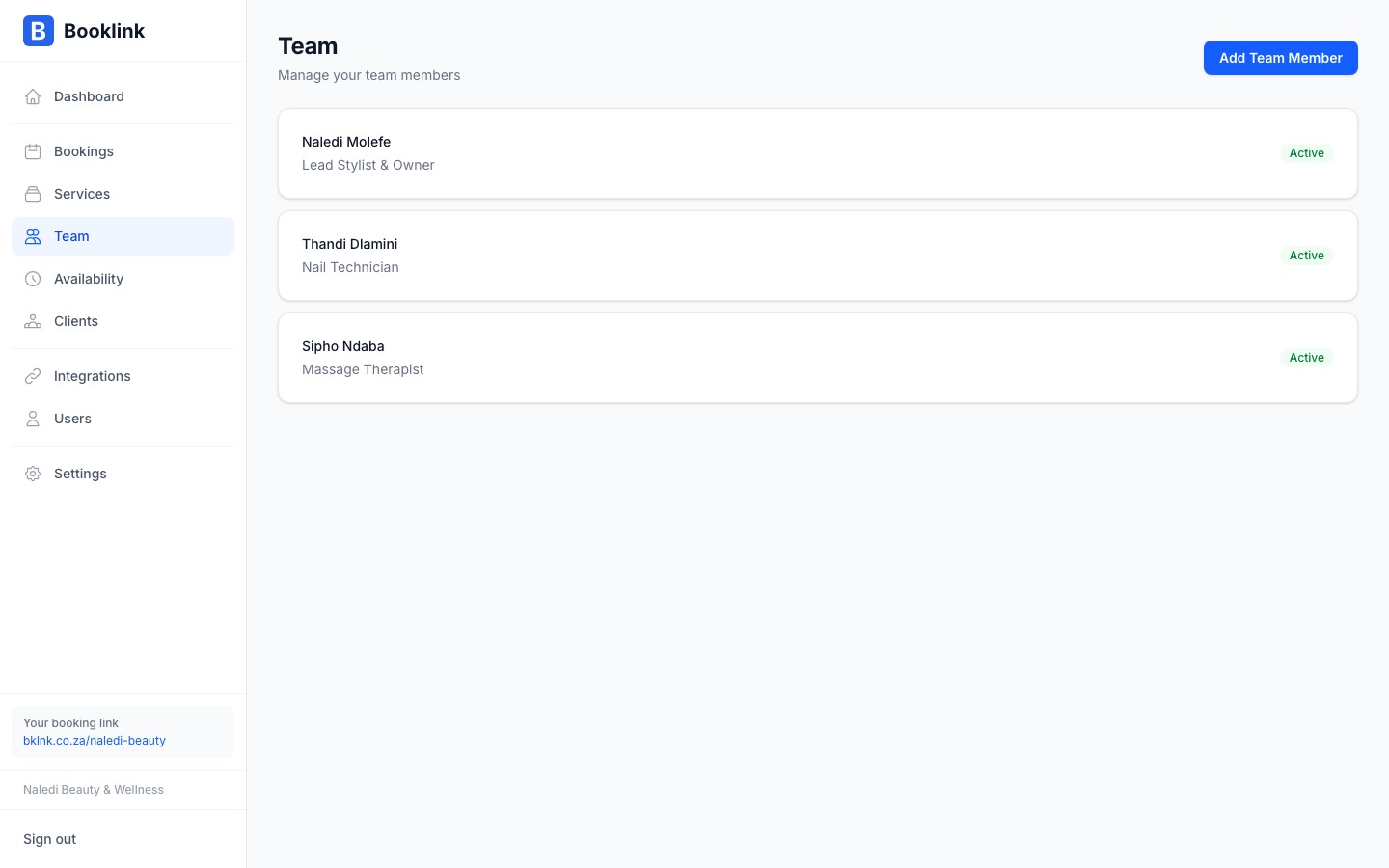 The team members list showing multiple team member cards with name, title, and active status