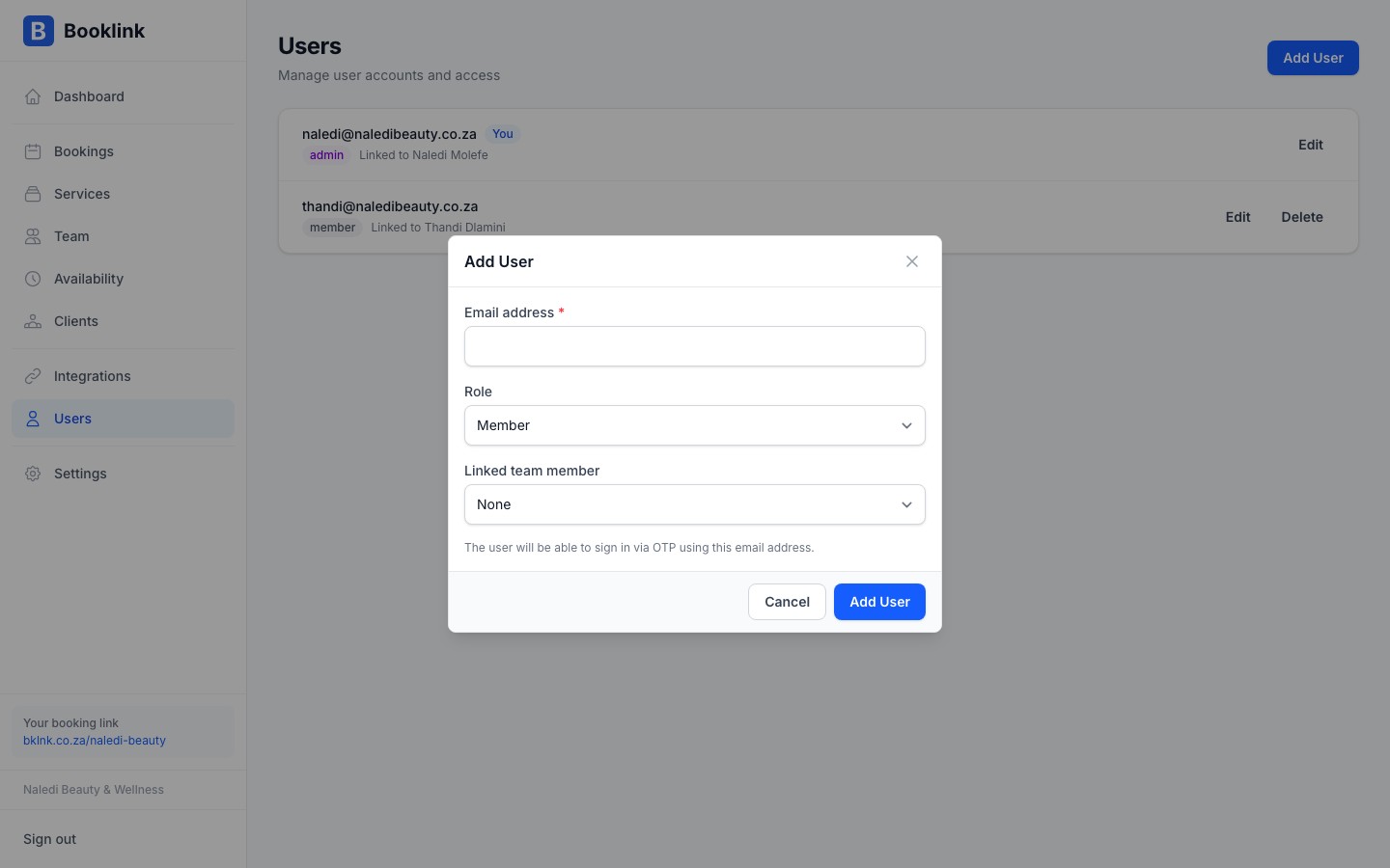 Add user form showing the role selector with Admin and Member options