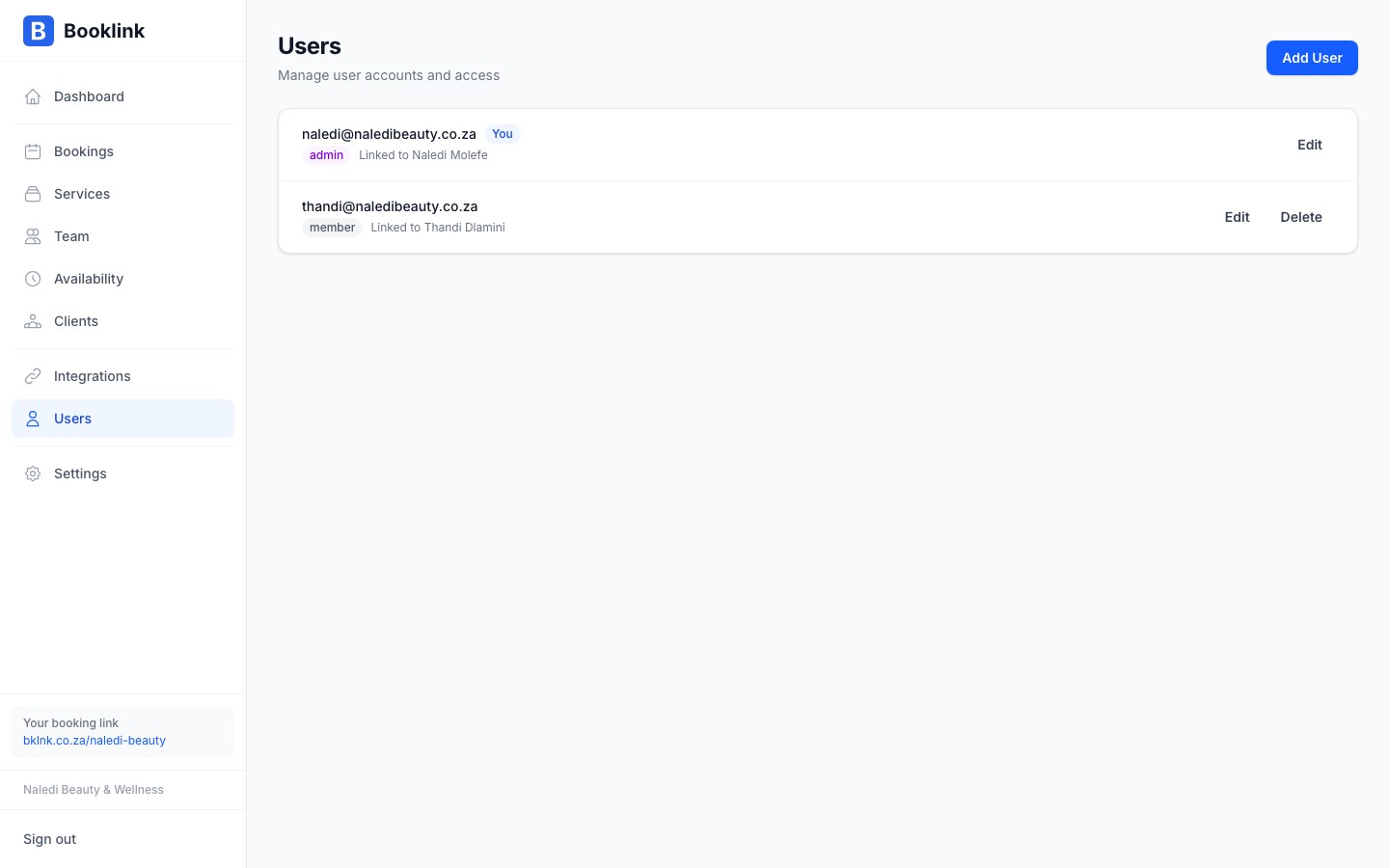 Users list showing all users with their names, email addresses, roles, and last login dates